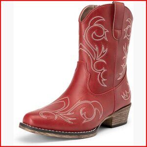 Women's Western Ankle Boots Embroidered Square Toe Chunky Heel Zipper